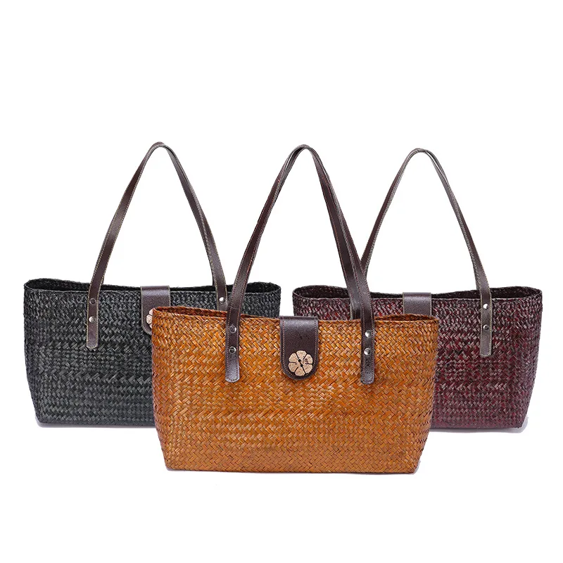 

32x21CM New Thai Style Straw Ladies Retro Fashion Rattan Straw Shoulder Bag Beach Women A4776