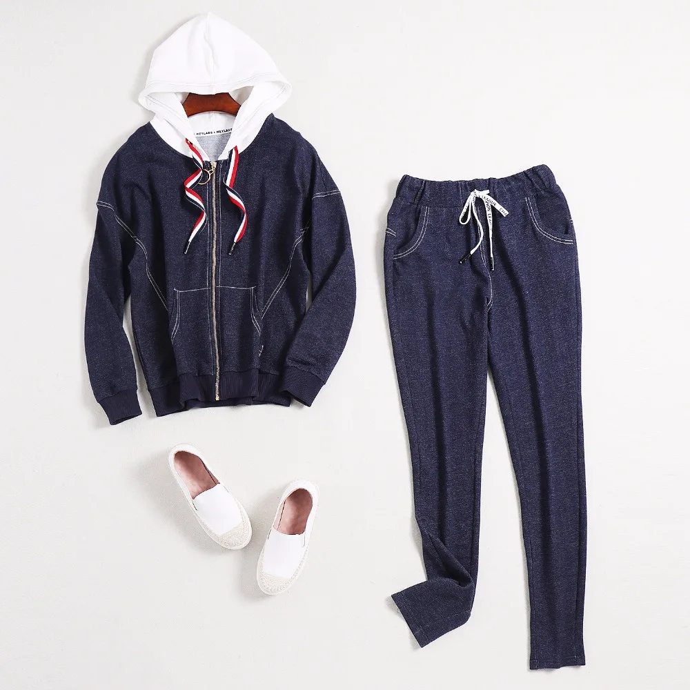 autumn winter woman outfit dark blue hooded jacket pants two-piece eagle pattern print back white hood fashion casual set | Женская