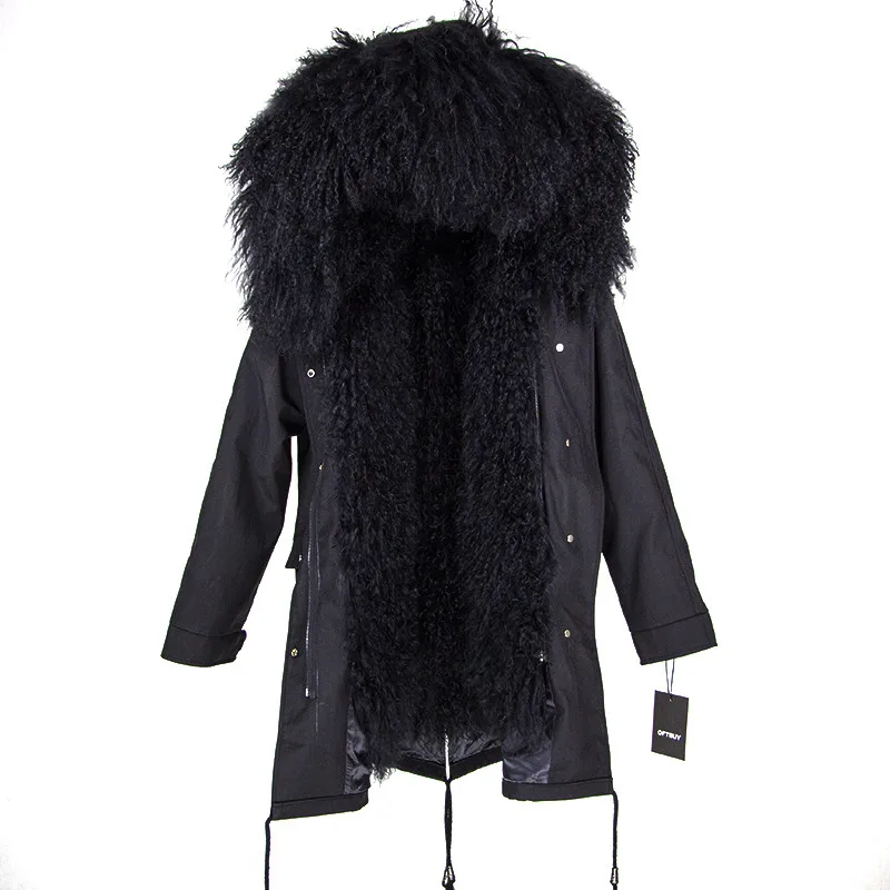 full black Теплая женская парка на меху OFTBUY, черное пальто с подкладкой из натуральной шерсти монгольской овцы, с меховым капюшоном, большие размеры, зима - Цвет: full black