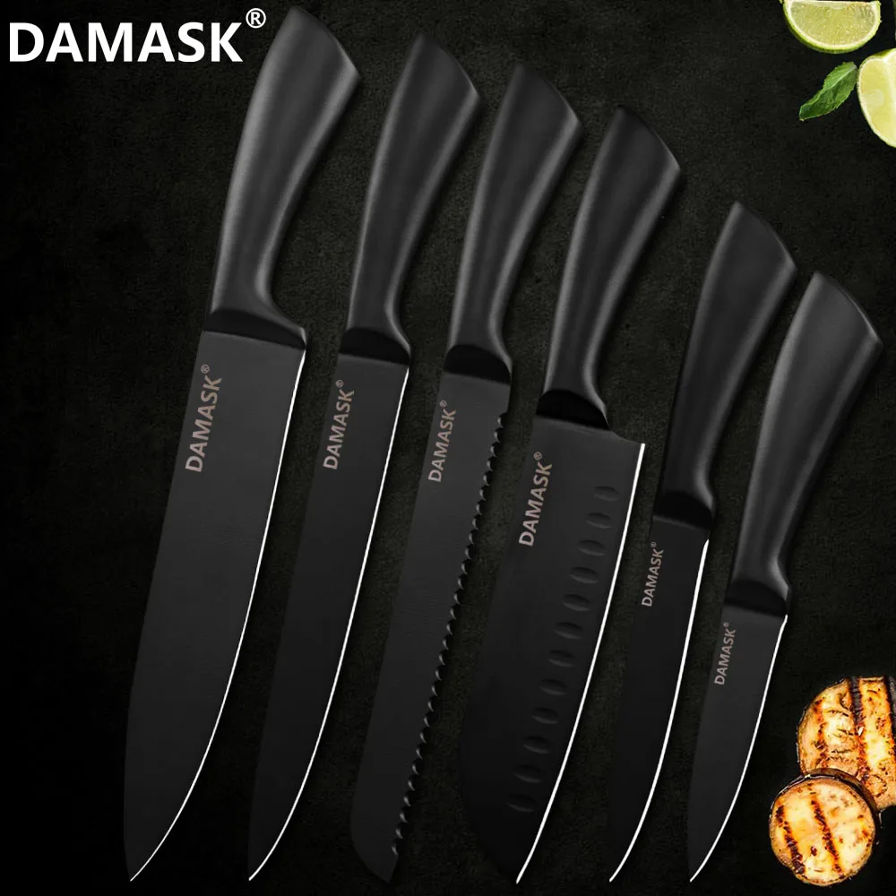 6 PCS Sets DAMASK наборы кухонных ножей из нержавеющей стали с высокой твердостью 3Cr13Mov японские кухонные ножи для чистки мяса Кливер кухонные принадлежности - Цвет: 6 PCS Sets