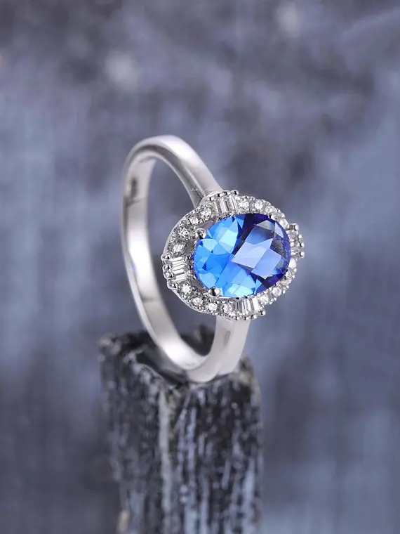 MYRAY Lab Created Blue Sapphire Wedding Ring 14k White Gold Baguette Cut Natural Diamond Halo Engagement Bridal Anniversary Gift | Украшения