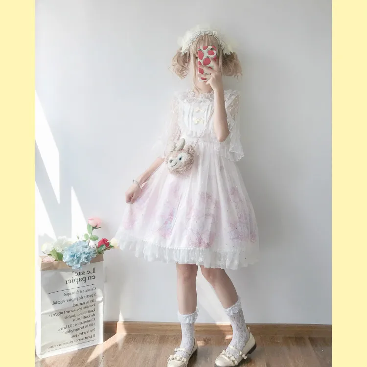 Kawaii японская Лолита АО платье женская летняя обувь мягкой сестра ветер милые с рисунком кошки с бантом в стиле «лолита» с ремешком и милым милое платье