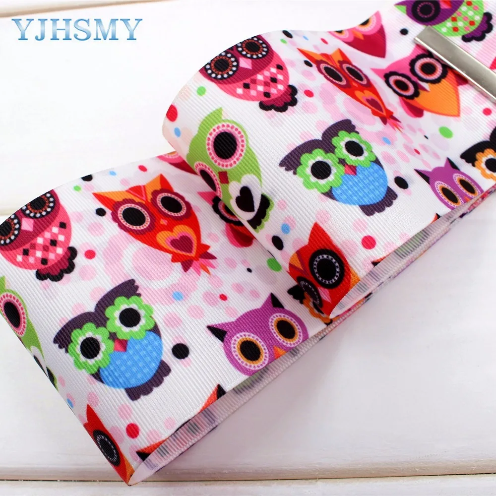 

YJHSMY handmade Printed grosgrain Ribbon 75mm 100/50/5yard/lot Diy headwear accessories,wedding gift wrap OWL tapes 171038