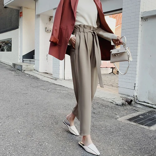 Pantalon Femme 2019 осенние офисные женские широкие длинные брюки с высокой талией Прямые