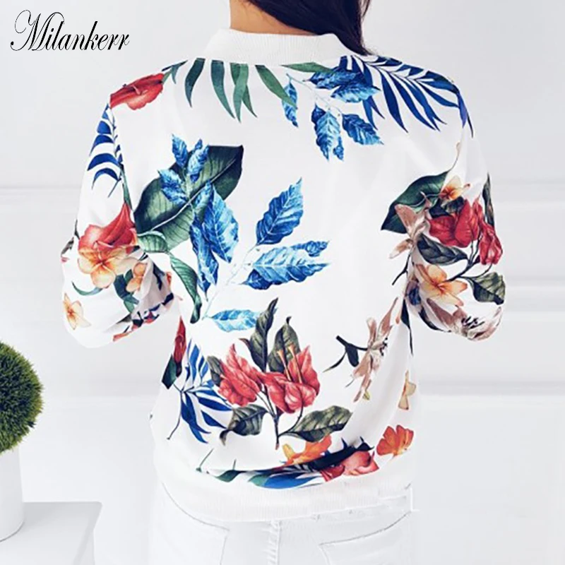 New Women Ribbed Trim Flower Print Bomber Jacket Female Autumn Fashion Long Sleeve Casual Tops Zipper Outwear Loose | Женская одежда