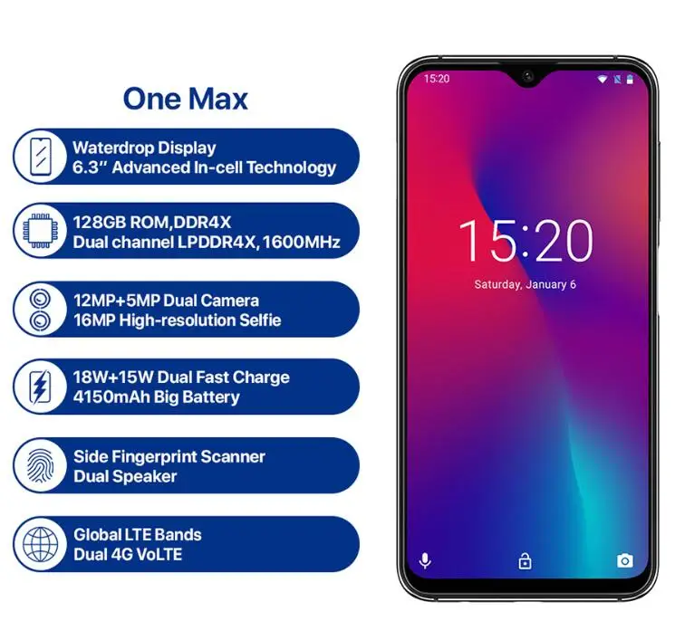 Umidigi One Max 19:9 дюймов 4150 6 3 мАч Quick Charge MTK6763 Octa Core 4 Гб + 128 16MP 12MP двойной камера NFC