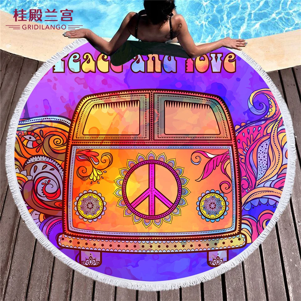 Пляжные полотенца из микрофибры GRIDILANGO Peace Love Car с кисточками Boho для взрослых