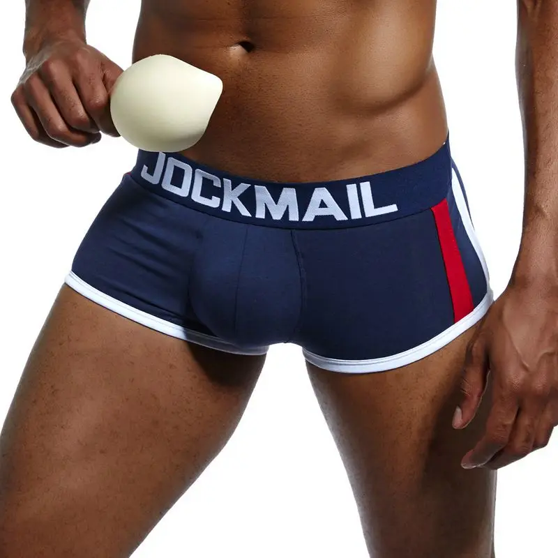 JOCKMAIL Брендовое сексуальное мужское нижнее белье с подкладкой, мужские боксеры, усиление выпуклости, боксерские шорты, Гей Нижнее белье, подарок, Передняя съемная чашка пуш-ап - Цвет: Тёмно-синий