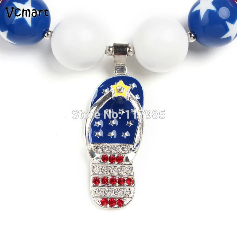Vcmart July 4th Patriotic US Flag Design 2Pcs Kids Chunky Necklace Cartoon Slipper Rhinestone Pendant Toddler Bubblegum | Украшения и