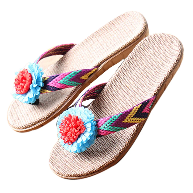 

Women's Summer Flower Flip Flops Indoor EVA Comfortable Linen Slippers Red Beach Flax Slippers Girl's Flat Sandals Women Slides