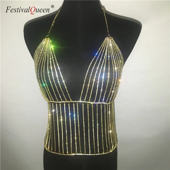 FestivalQueen, сексуальные роскошные стразы, металлическая цепочка, юбка и глубокий v-образный вырез, топ, золото, серебро, открытая спина, для ночного клуба, 2 предмета, женские комплекты - Цвет: gold top