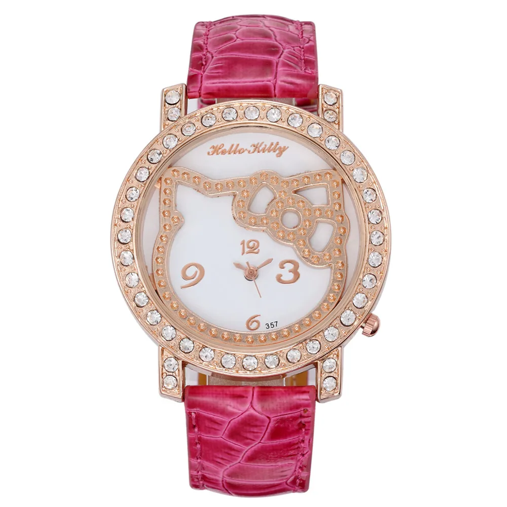Новый дизайн Кристальные часы Hello Kitty женские модные повседневные с кожаным