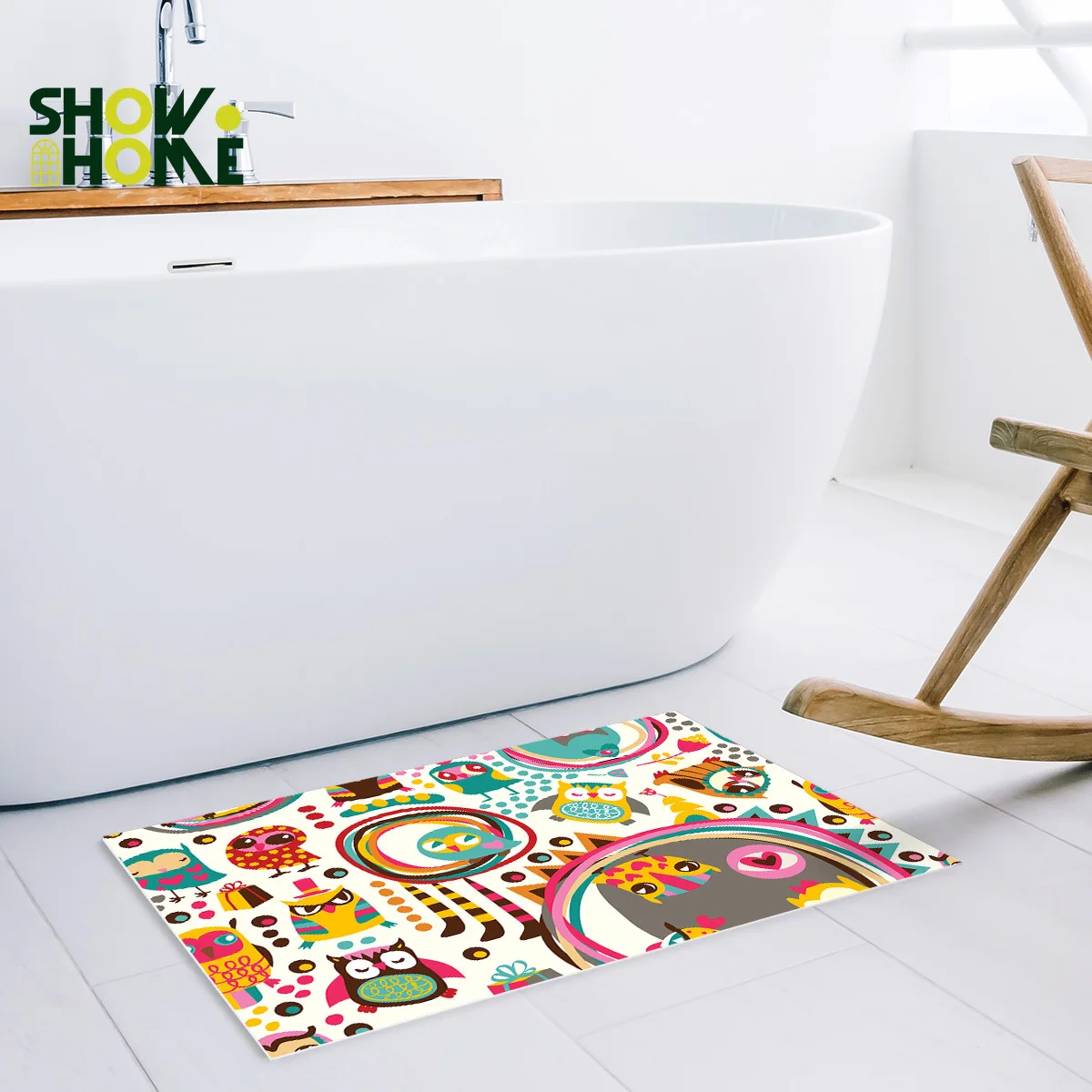 Showhome Сова круглый мультяшный коврик для ванной комнаты с душевой занавеской