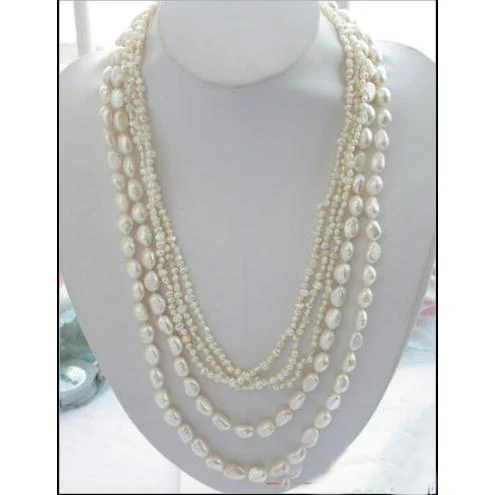 Preço Moda Feminina Pérola Jóias Presente, 5 Linhas 27 Polegadas 4-11mm Branco Barroco Água Doce Pérola Colar, Perfeito Festa De Aniversário De Jóias