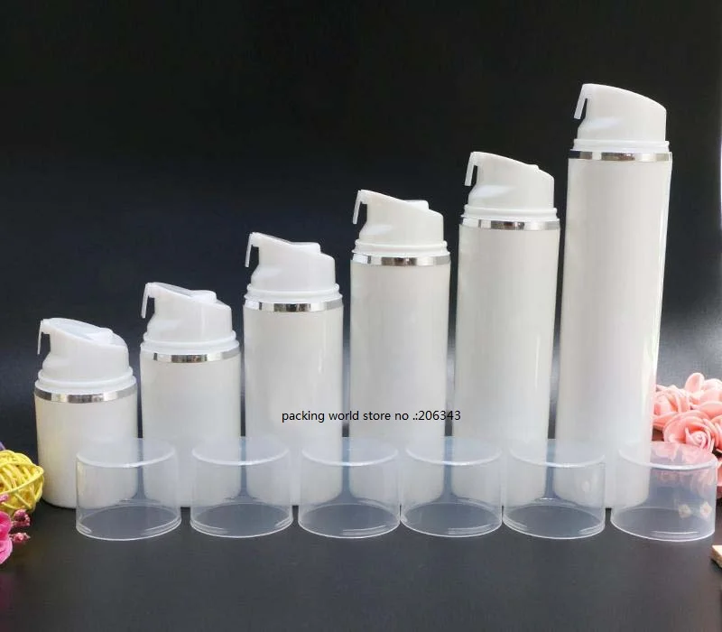 Белая пластиковая безвоздушная бутылка 80 мл с белым насосом и серебряной линией