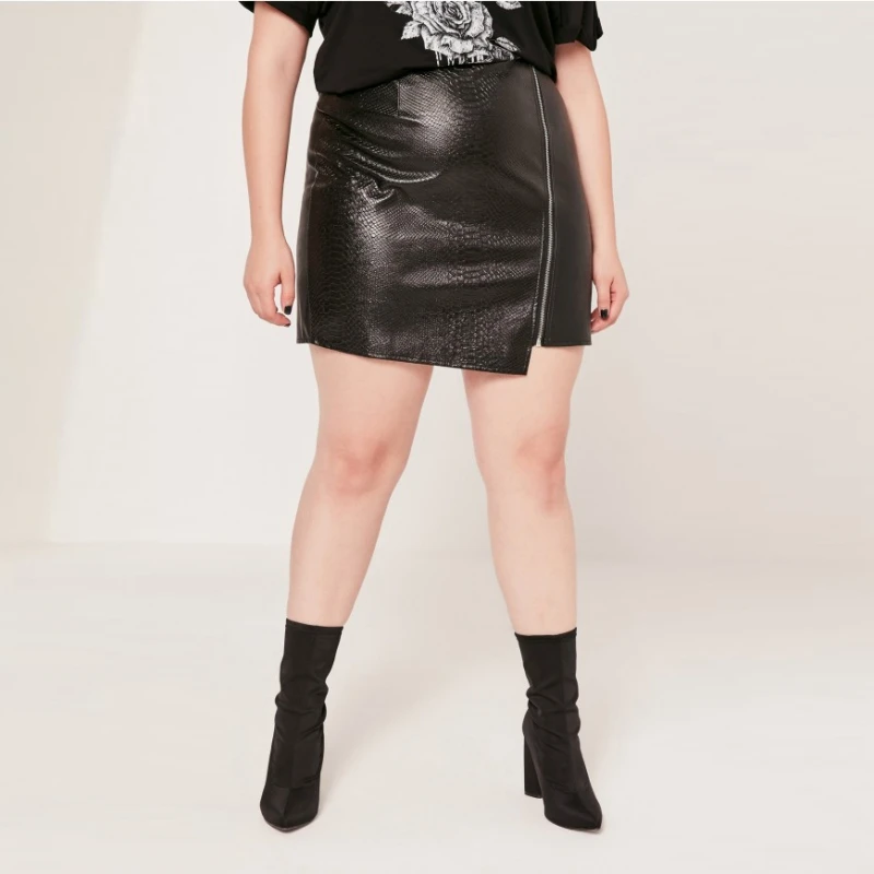 Косо молнии PU юбки негабаритных 5XL 6XL 2017 Осень Черный Панк уличная Империя