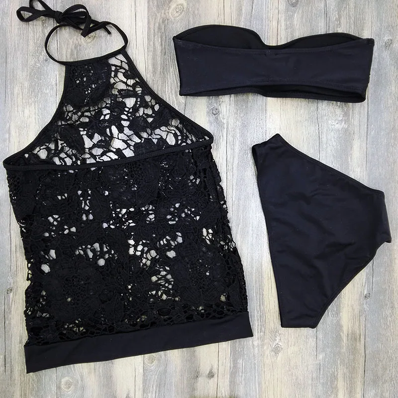 Новый сексуальный сетчатый купальник женский кружевной танкини комплект из трех