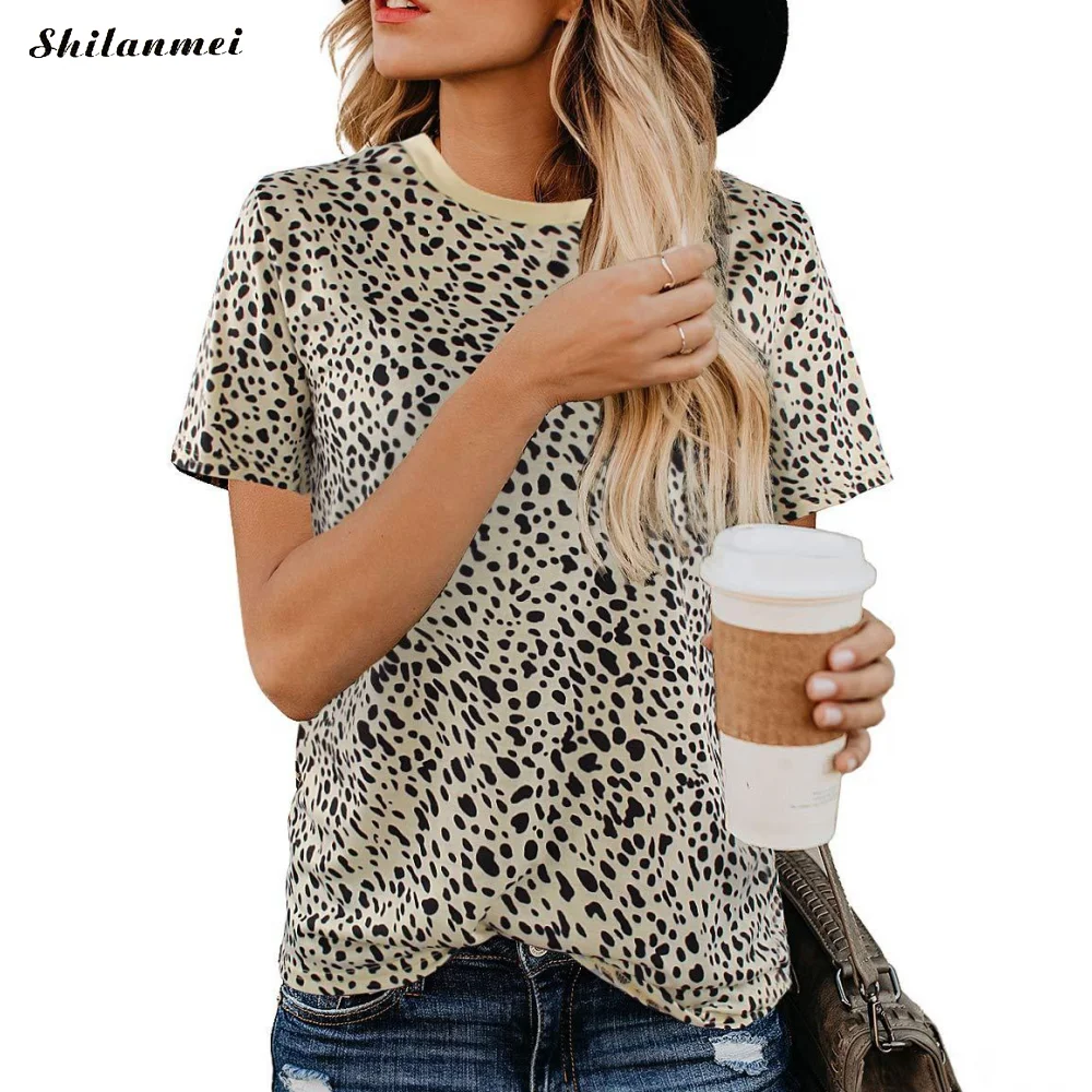 Сексуальная леопардовая футболка с коротким рукавом женская летняя круглым