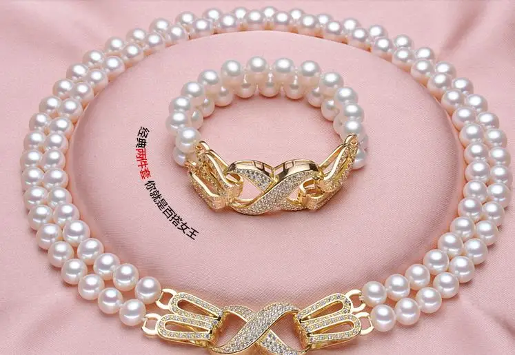 

2 rows 8-9mm south sea white round pearl necklace 17"18" 925s&bracelet 7.5-8"