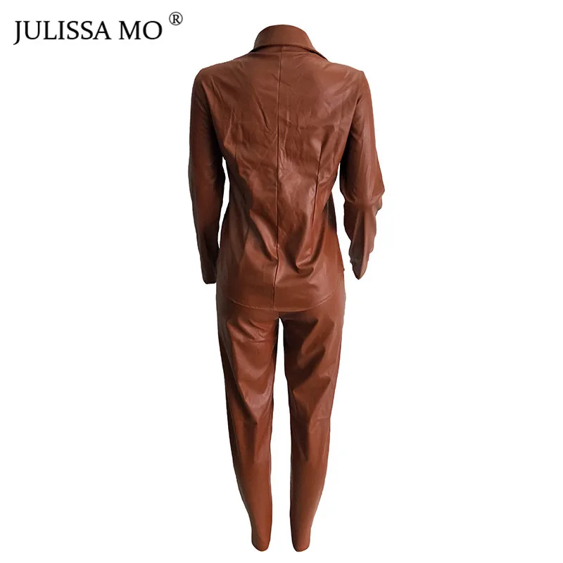 Julissa mo 2 шт. набор из искусственной кожи спортивный костюм женский комбинезон с длинным рукавом футболка+ брюки с высокой талией повседневный комбинезон на пуговицах
