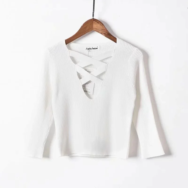 Long Sleeve Knitted Sweater for Women Solid High Quality Comfort Lady Pullover Fashionable Criss Cross Crop Tops Casual Wear | Женская