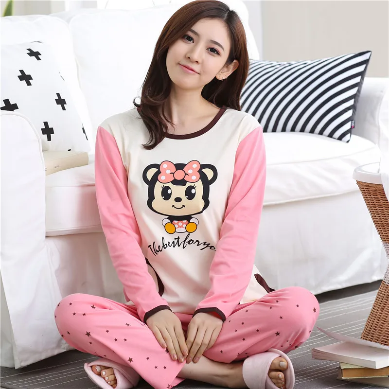 Женская Хлопковая пижама в полоску с длинным рукавом|womens pajamas set|sleepwear cartoonpajama sets |
