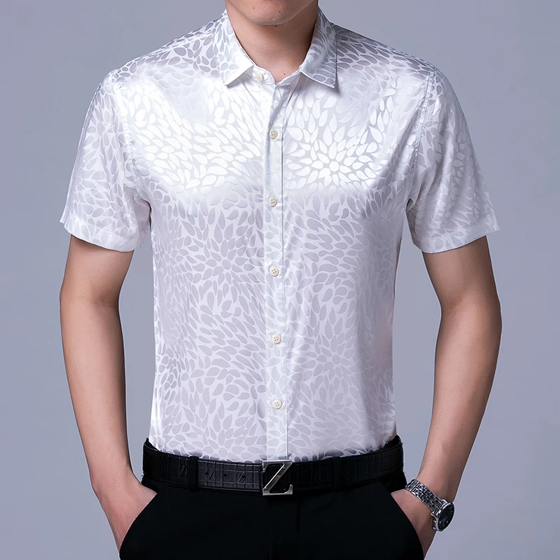 Рубашка мужская атласная с коротким рукавом шелковая сорочка в повседневном и