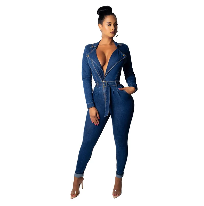 Джинсовый женский комбинезон с длинным рукавом на молнии спереди, джинсовый комбинезон, женский комбинезон с поясом, плюс размер, уличная одежда, комбинезоны