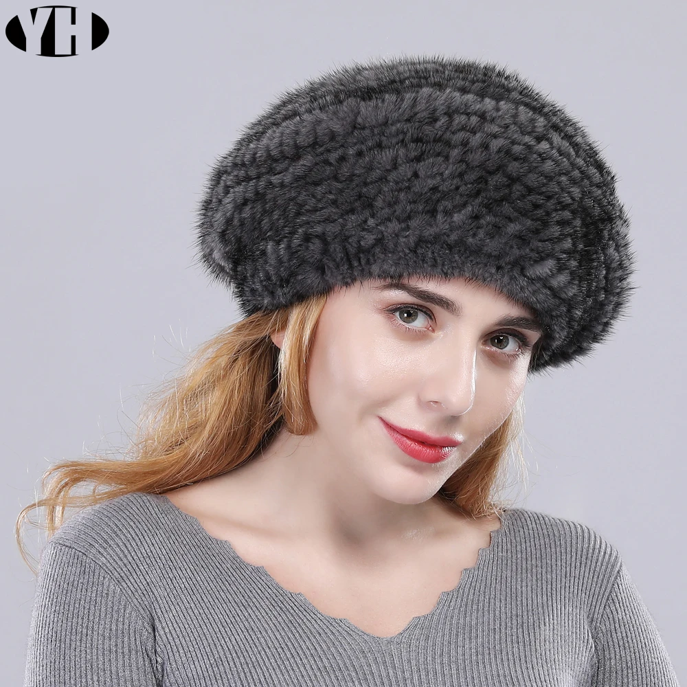 2019 new arrive women real mink fur Berets 100% handmade knit hat brand winter casual caps hot sale | Аксессуары для одежды
