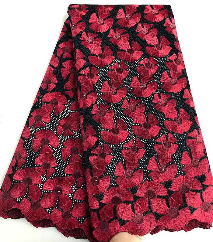 Black Dark red Полный вышивка настоящий Африканский швейцарская вуаль кружевной ткани в Швейцарии отлично последние нигерийские Ткани высокое качество 5 ярдов - Цвет: Black Dark red