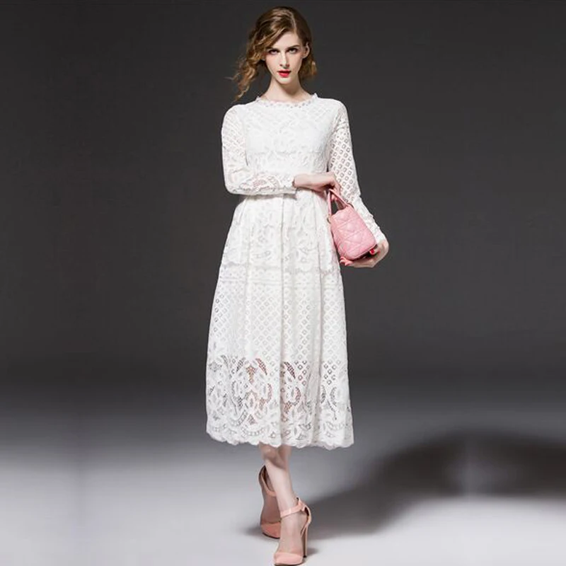 Высокое качество 2017 женское богемное кружевное платье Весна Осень вязанное
