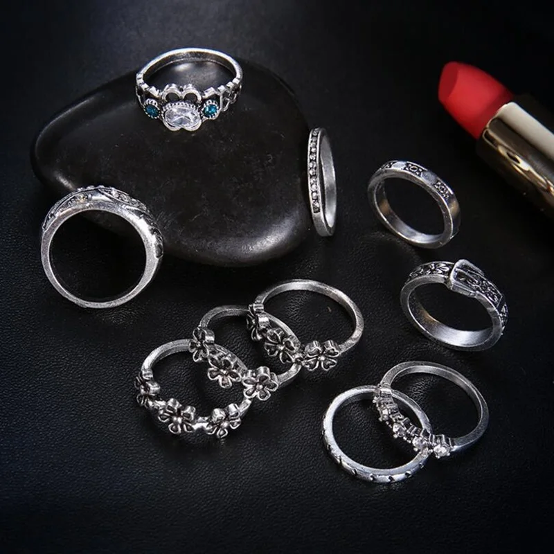 Женский винтажный набор колец с цирконием 10 шт./компл. антикварное серебро