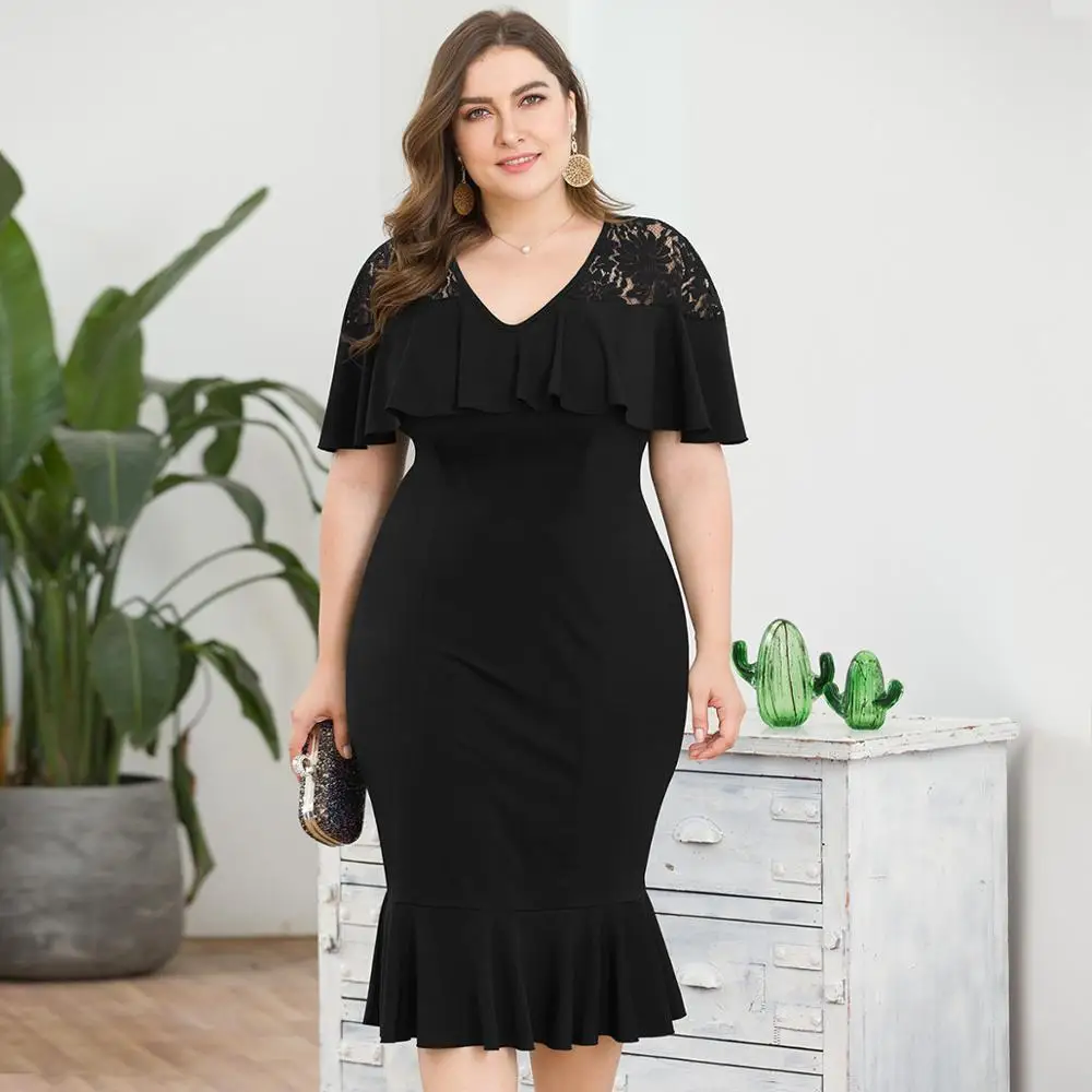 WHZHM/Большие размеры 3XL 4XL черное кружевное платье в стиле пэчворк женское с