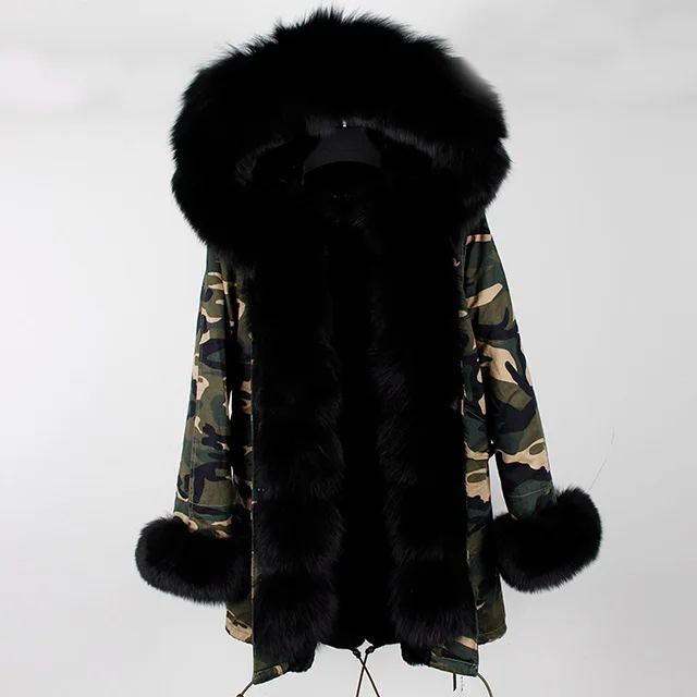 color 3 fox fur Бренд, новинка, длинная камуфляжная зимняя куртка, женская верхняя одежда, толстые парки, натуральный Лисий мех, пальто с воротником, с капюшоном, pelliccia - Цвет: color 3 fox fur