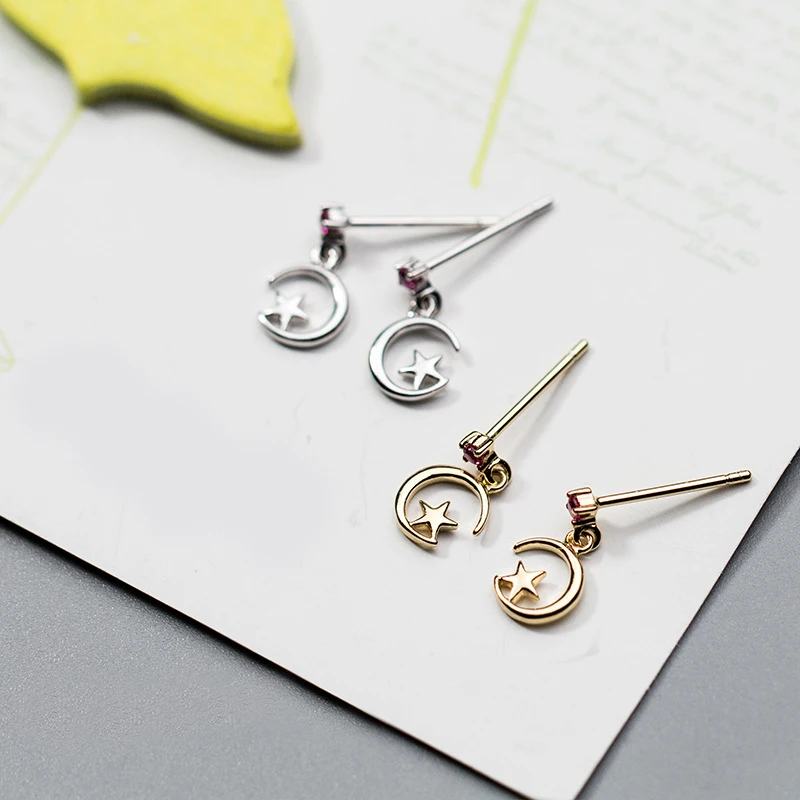 

MloveAcc Genuine 100% 925 Sterling Silver Rose Red CZ Moon & Star Drop Earrings for Women Sterling Silver Jewelry