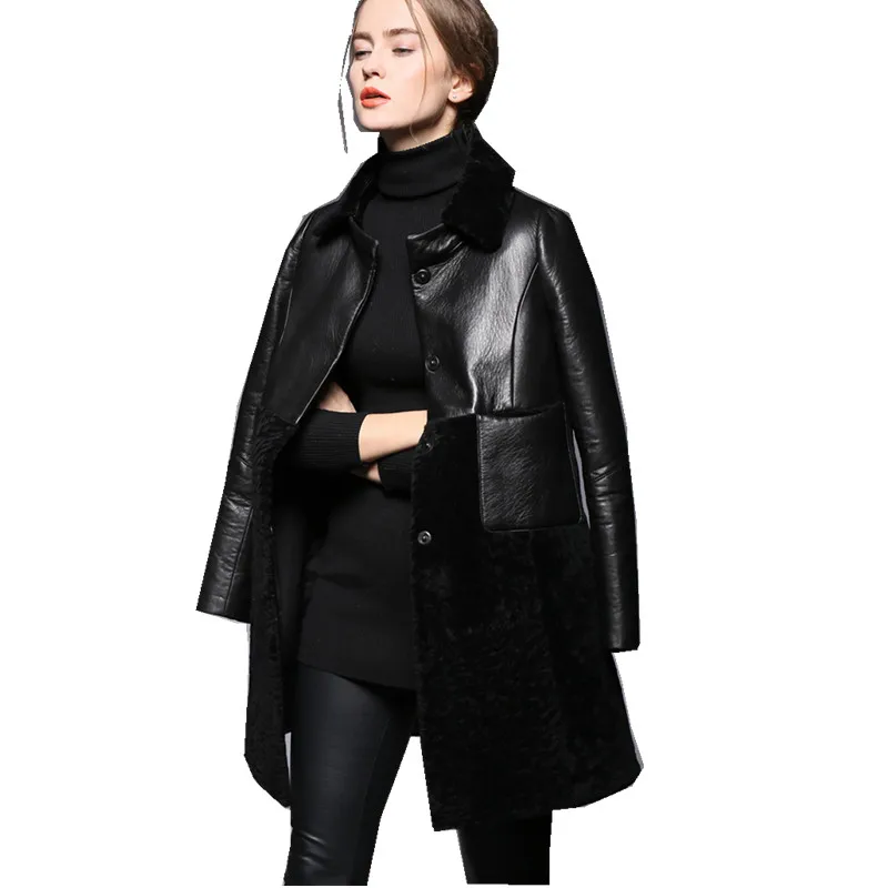 Warm Leather Clothing Ladies' Autumn Winter Medium Length Berber Fleece Splicing Genuine Leather Jacket Women Coat Outerwear