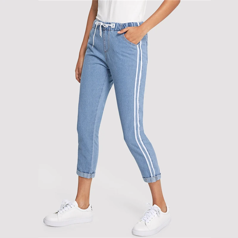 Dotfashion в синюю полоску с узлом сбоку спереди джинсы женщина осень Повседневное штаны с эластичной резинкой на талии укороченные джинсы для Для женщин джинсовые брюки