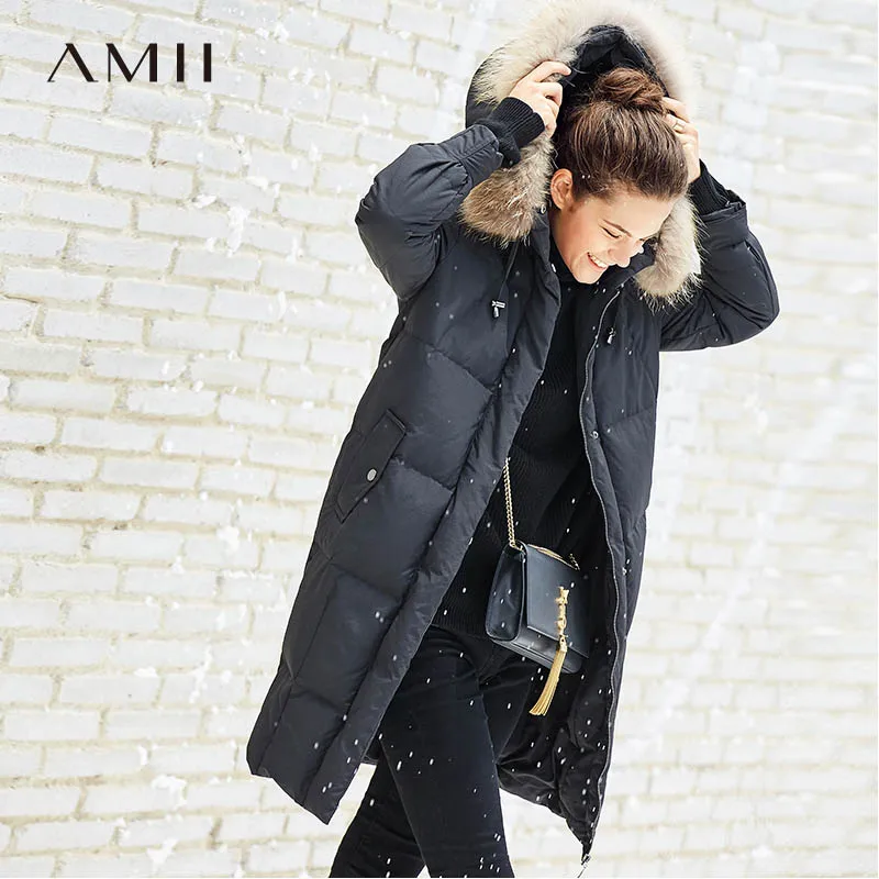 Amii минималистичный 90% белый пуховик длинный женский зимний Повседневный однотонный воротник из меха енота размера плюс женский пуховик парка