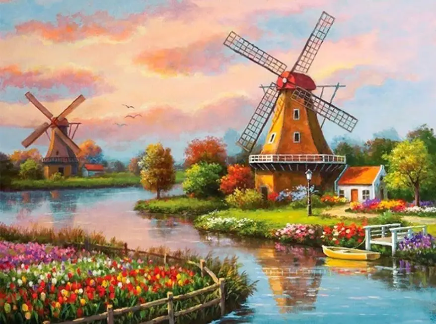 

100% Full 5D Diy Daimond Painting "Windmill Landscape" 3D Diamond Painting Round Rhinestones Diamant Painting Embroidery Scenery
