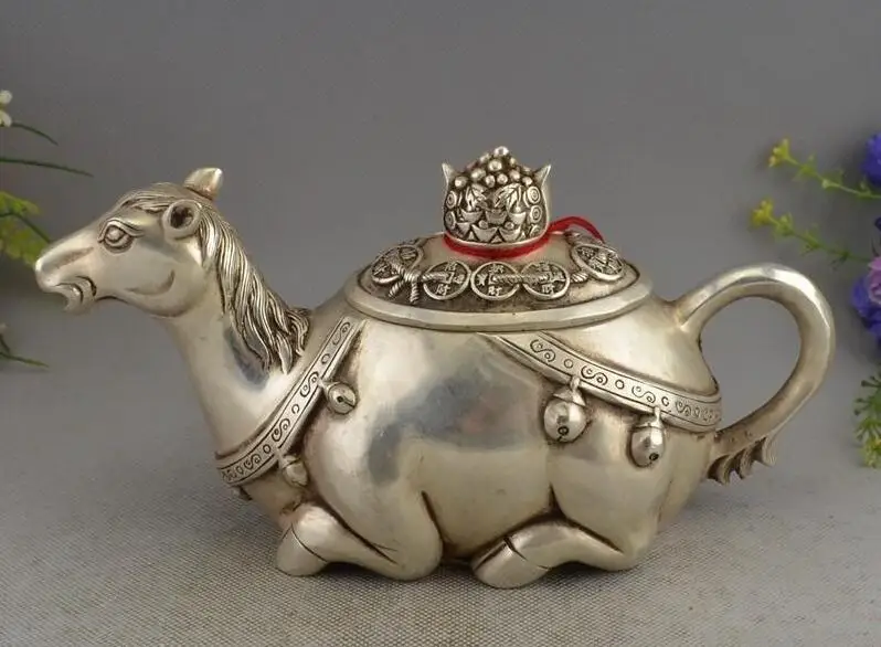 

Китайские тибетские серебряные лошади Флагон чайник счастливая статуя