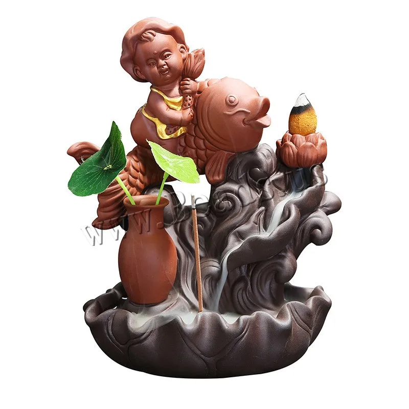 

The Little Boy And Carp Censer Smoke Waterfall Backflow Incense Burner Ceramic Aromatherapy Furnace Holder Use In Home Teahouse