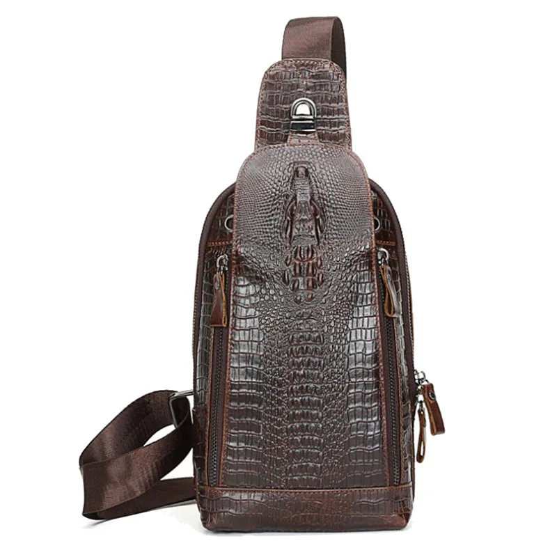 

Men Leather Sling Day Pack Chest Bag Crocodile Grain Pattern Travel Cross Body Messenger Shoulder Packet Vintage Pouch