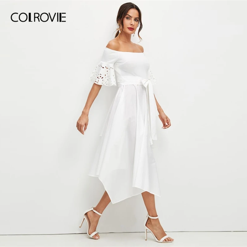COLROVIE, белое элегантное платье с открытыми плечами, с лазерным вырезом, с рукавами, носовой платок, женское летнее платье, ТРАПЕЦИЕВИДНОЕ ПЛАТЬЕ, платья для офиса, женские платья