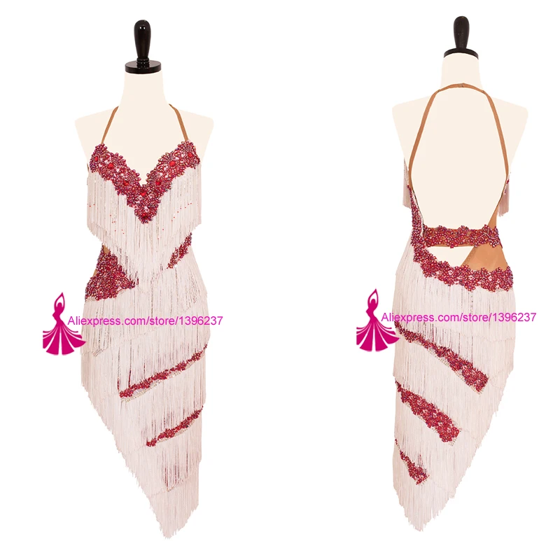 Женское платье для латиноамериканских танцев белое с бахромой соревнований по