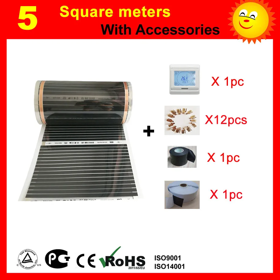With E91 thermostat 5 квадратных метров Электрический пол нагревательный фильм, AC220V инфракрасный обогреватель 50 см x 10 м, домашний обогреватель с аксессуарами - Цвет: With E91 thermostat
