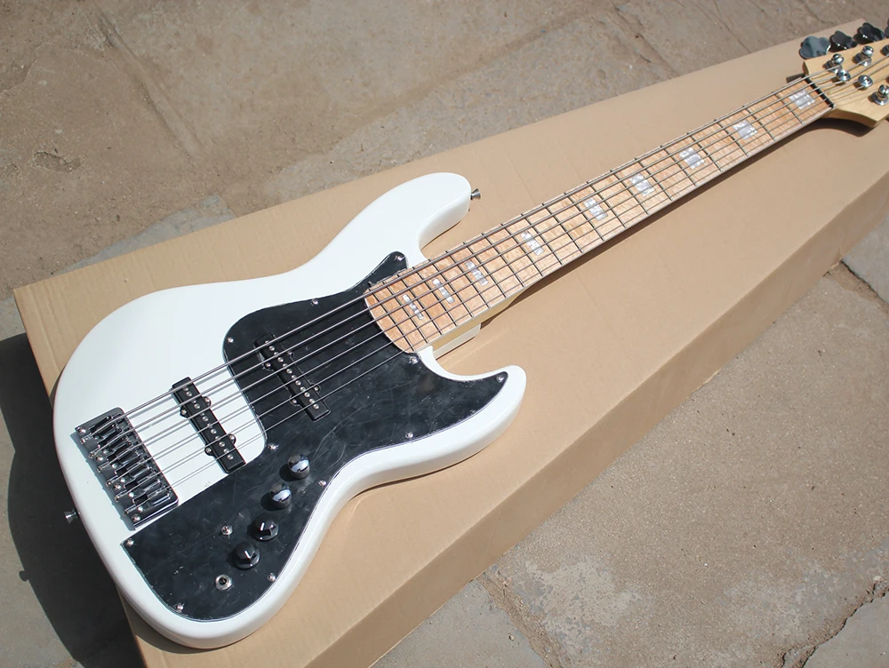 

Factory Custom White 6 Strings Electric Bass Guitar with Maple Fretboard,Chrome Hardwares,Black Pickguard,Offer Customized