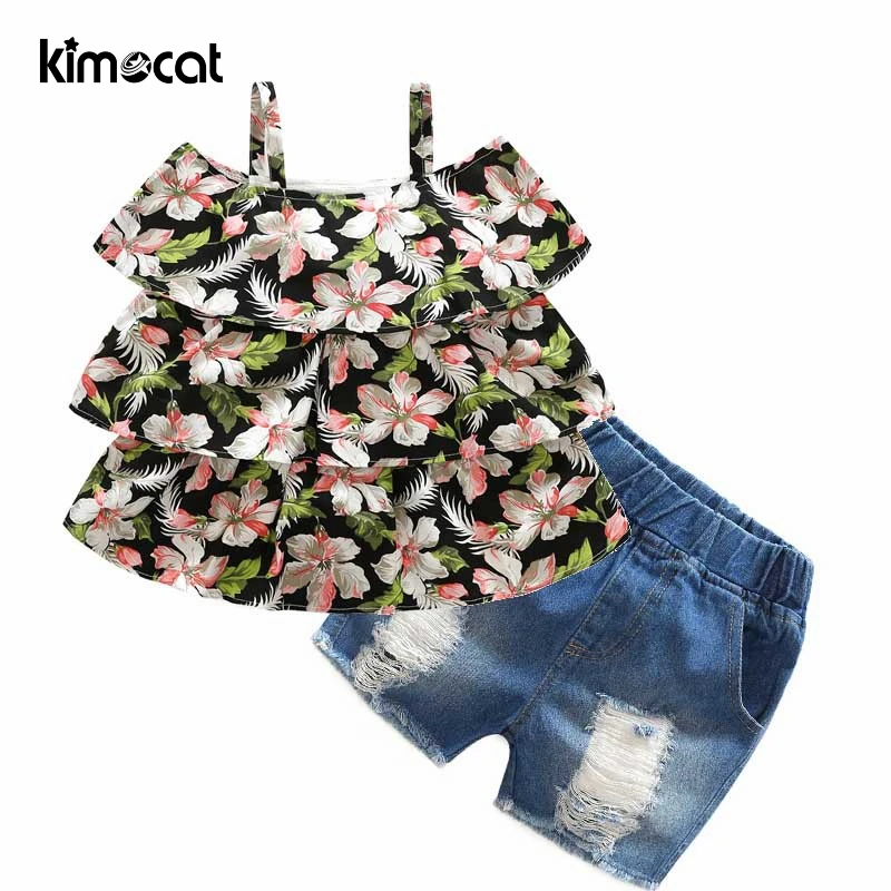 

Kimocat Baby Girl Clothing Summer Suit Girls Clothes Sets Girls Strap Bow Children Clothes Floral Printpullover Toddler