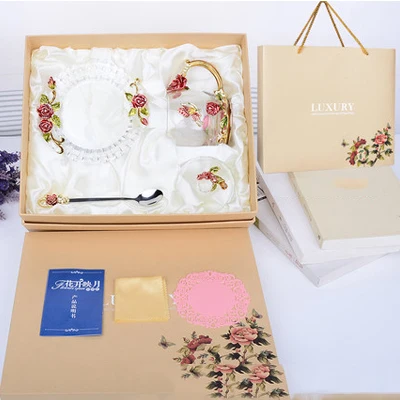 short Gift box Креативные винтажные эмалированные стеклянные чашки с розовой ручкой, стильные с крышкой, бабочкой на корпусе, стеклянные кофейные чашки, чайные чашки, подарок - Цвет: short Gift box