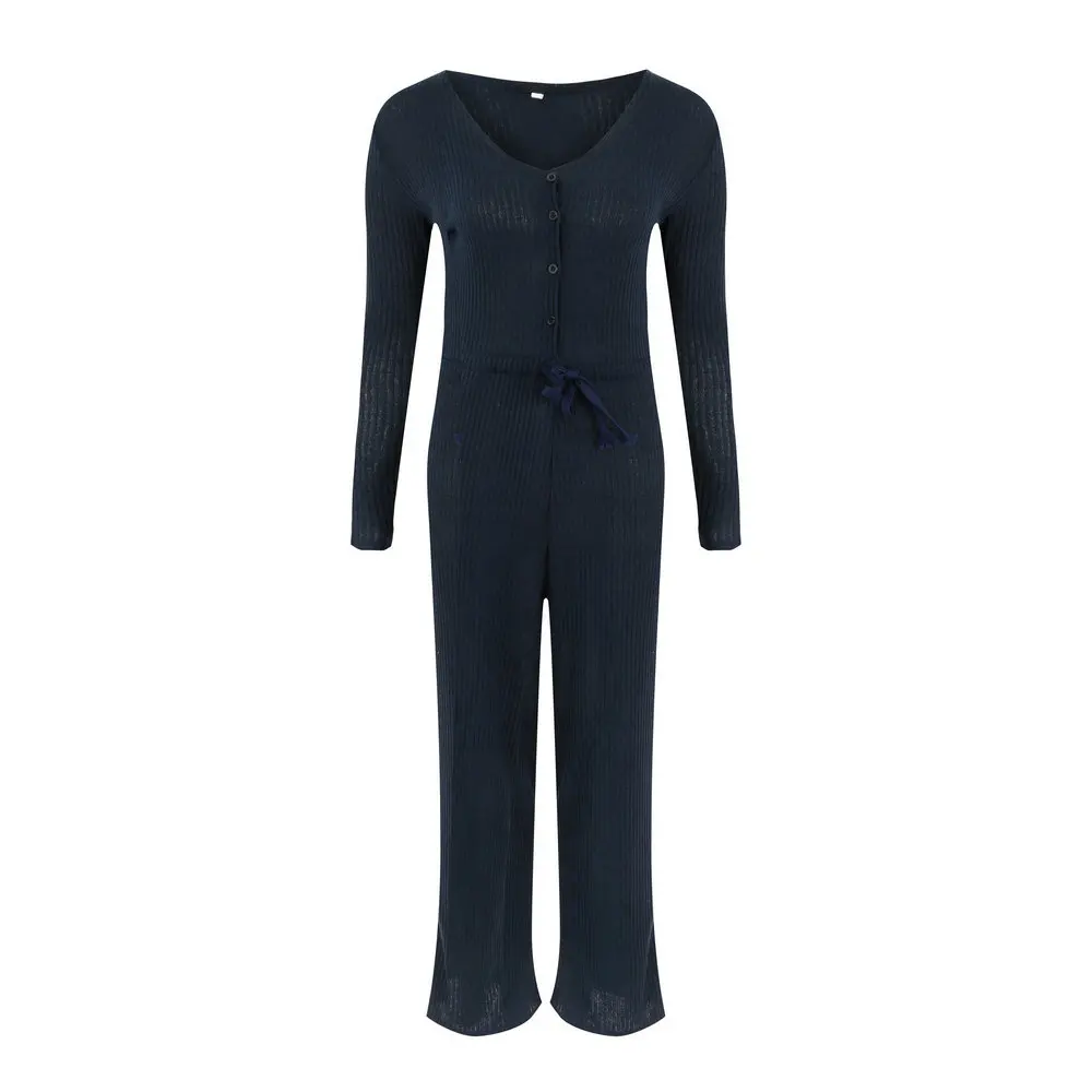 

LOSSKY V-neck Office Lady Romper Casual Knitted Long Sleeve Autumn Winter Jumpsuit Lace Up Sashes Buttons Overall Wide Leg Pants