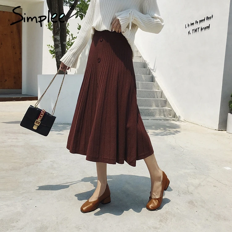 Simplee однобортный трикотажная длинная Плиссированная Юбка А силуэта с высокой